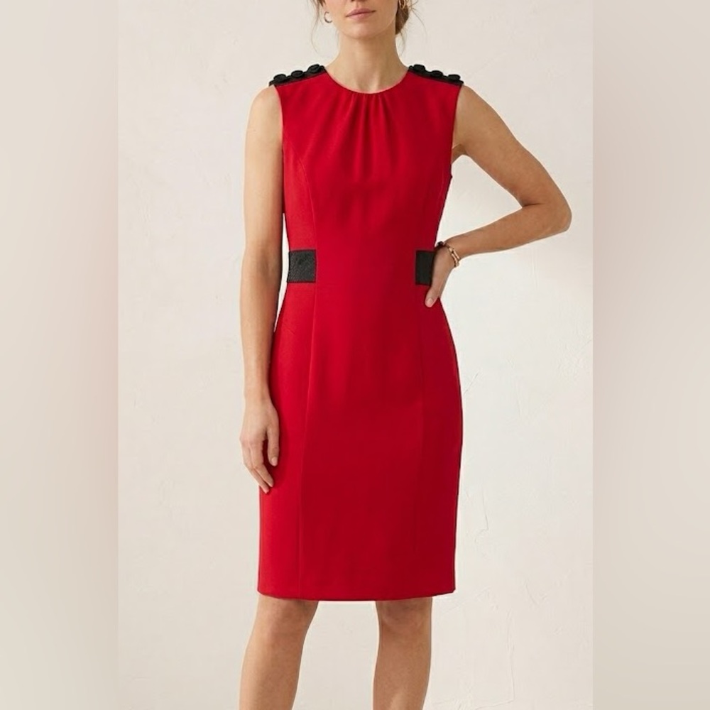 Diane Von Furstenberg Red & Black Silk Trim Sheath Sleeveless Wool Dress Size 6